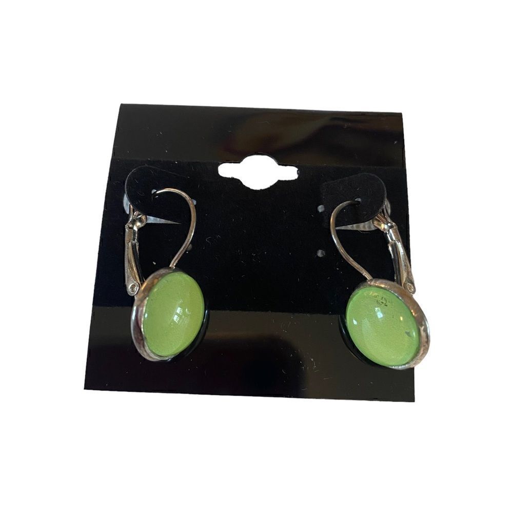 Beautiful Shade of Luminescent Green & Silver Toned Vintage Huggie Hoops.